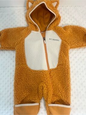 Baby 0-3 Months Columbia Fox Orange Sherpa One-Piece Hooded Fleece Bunting Suit
